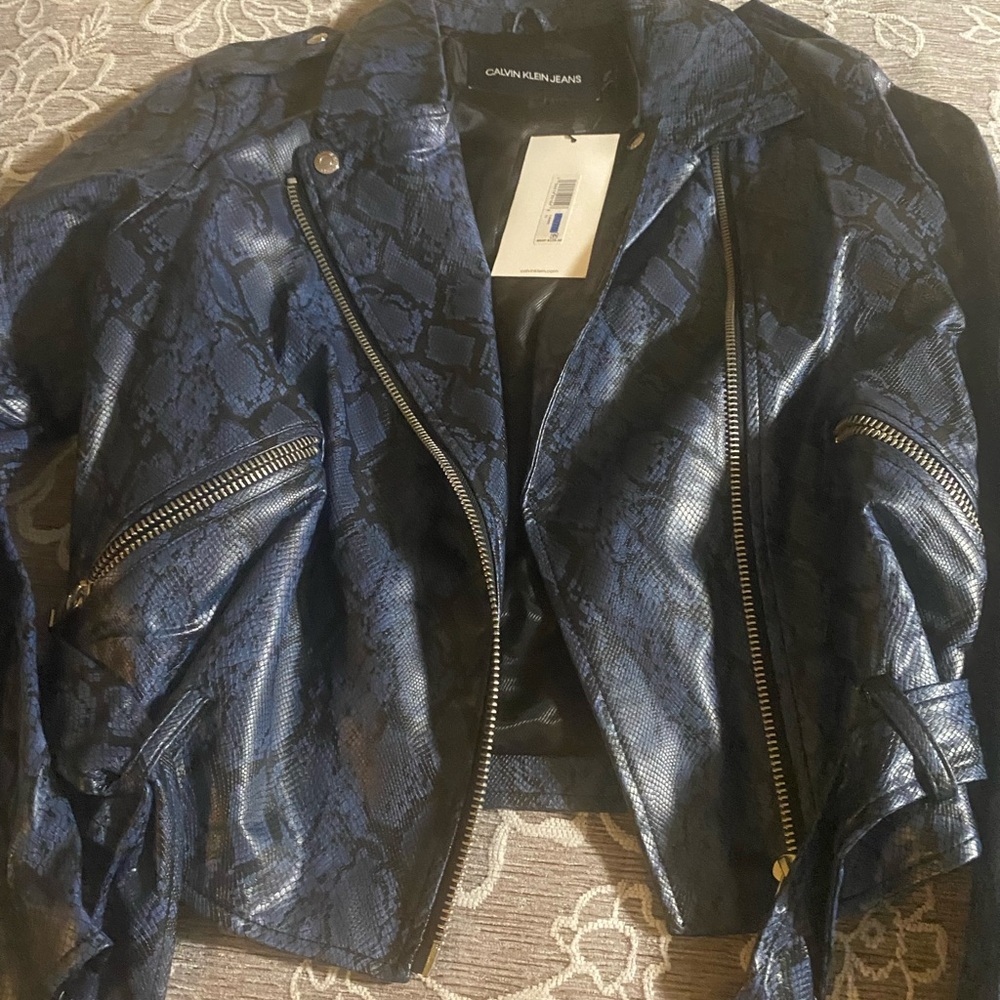 Calvin Klein Women's Black and Blue Leather Jacket